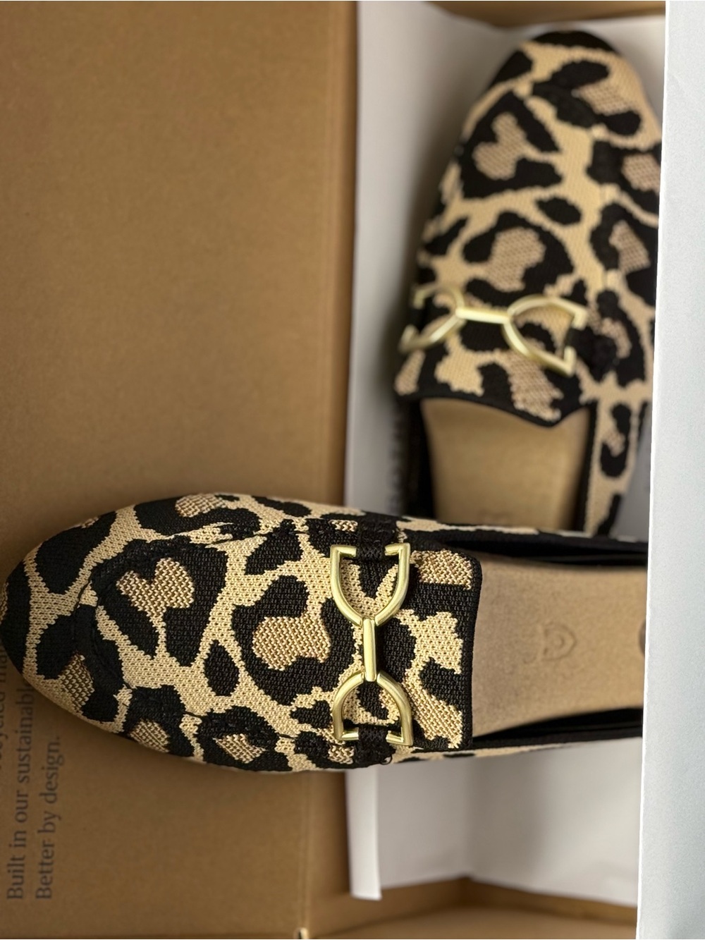 Rothy's Black and Beige Leopard Knit Slip-On Mules with Gold Buckle - Picture 2 of 4